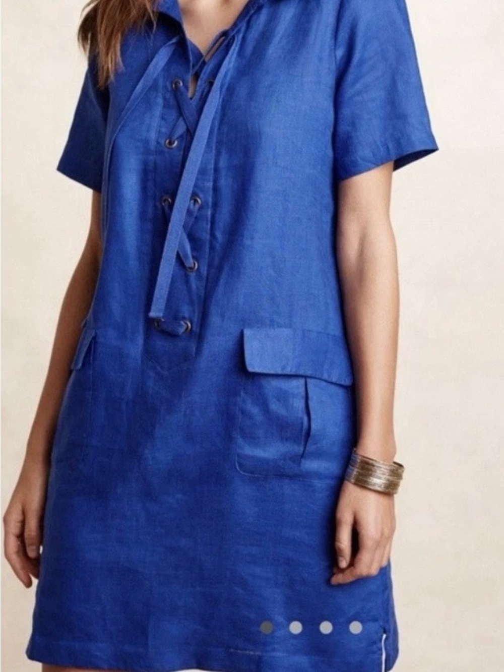 Maeve Anthropologie Women Sz 8 Blue 100% Linen Lace/Up Short Sleeve Dress